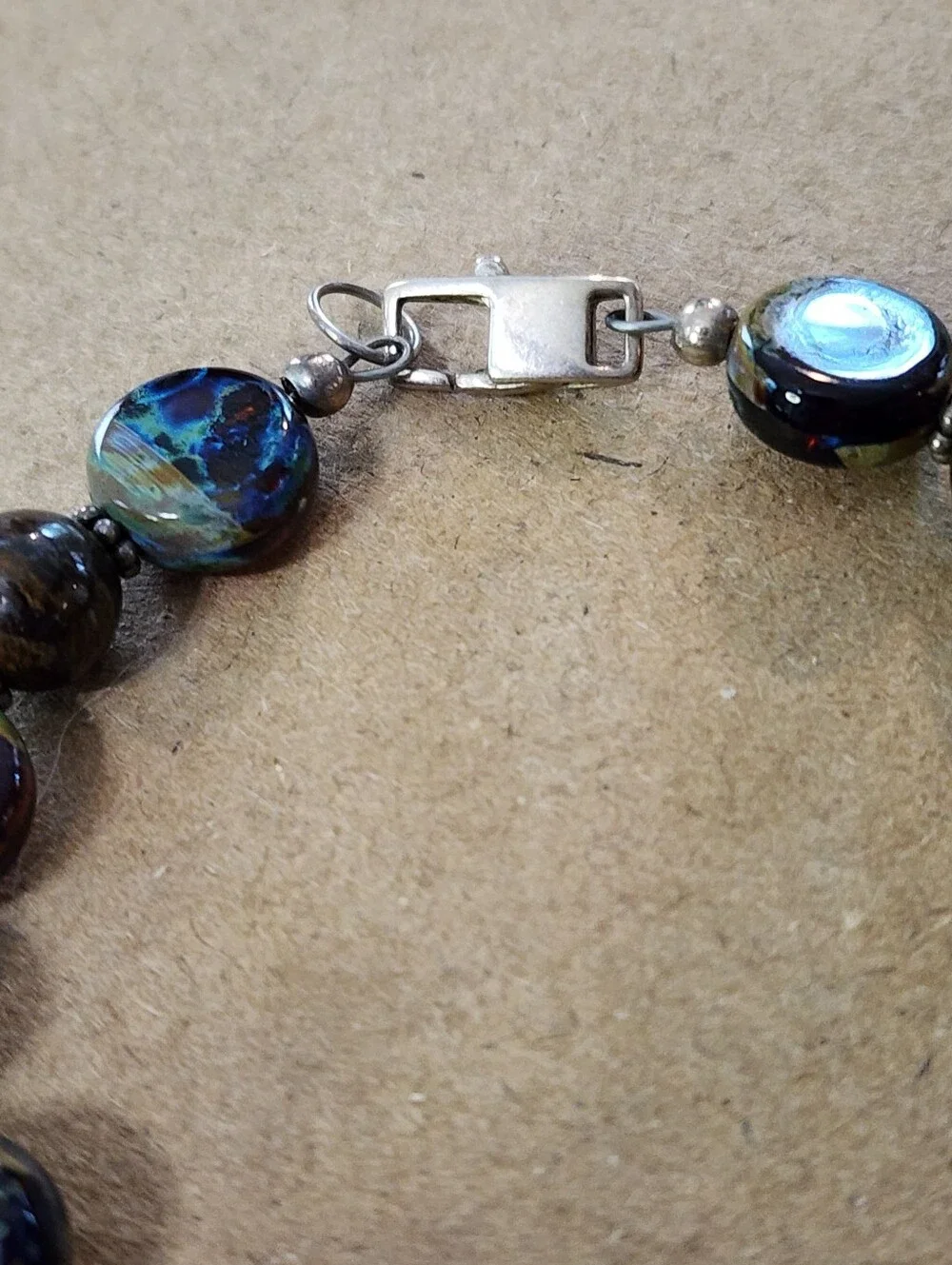 Artisan Handmade Dichroic Glass& Natural Stone Bracelet Sterling Silver 925 6.5